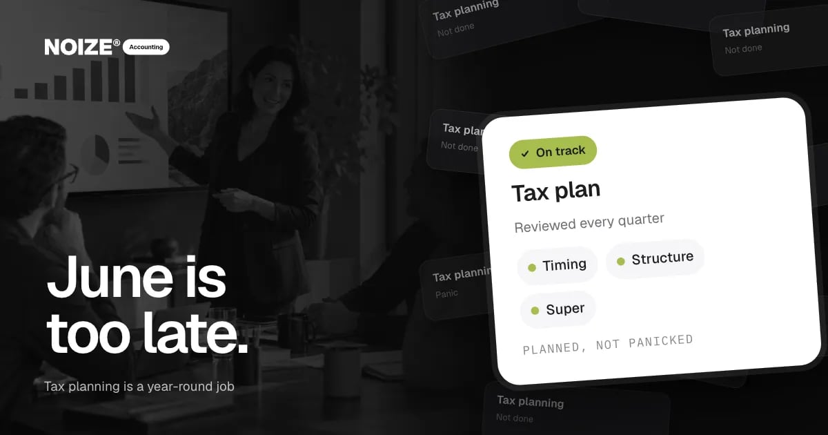 A wall of months with tax planning not done until June panic, beside a white Tax plan card: reviewed every quarter.
